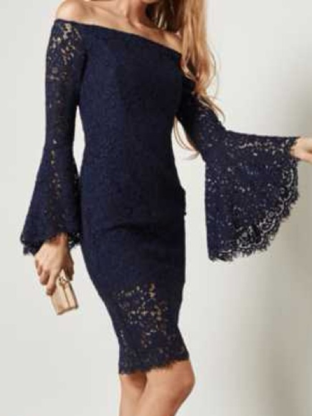 Bardot Navy Lace Bell Sleeve Cocktail Dress Boho Romantic Midi Sheath Size‎ US 6